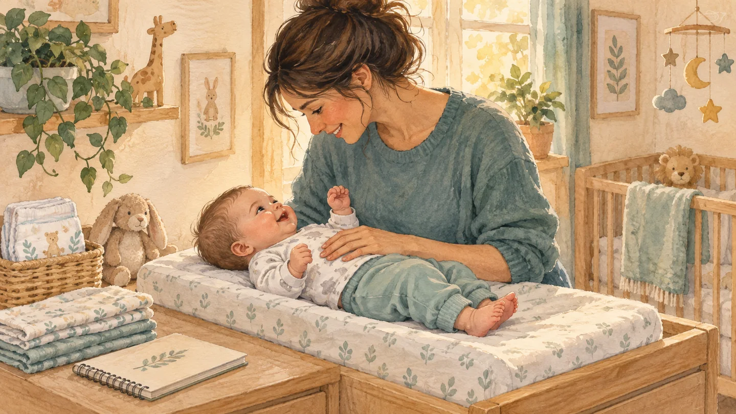 Watercolor illustration of a parent attending to their baby on a changing mat with a notebook nearby