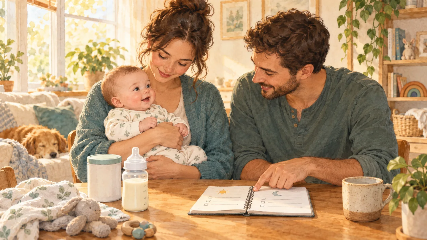 Two caregivers reviewing their baby care notebook together