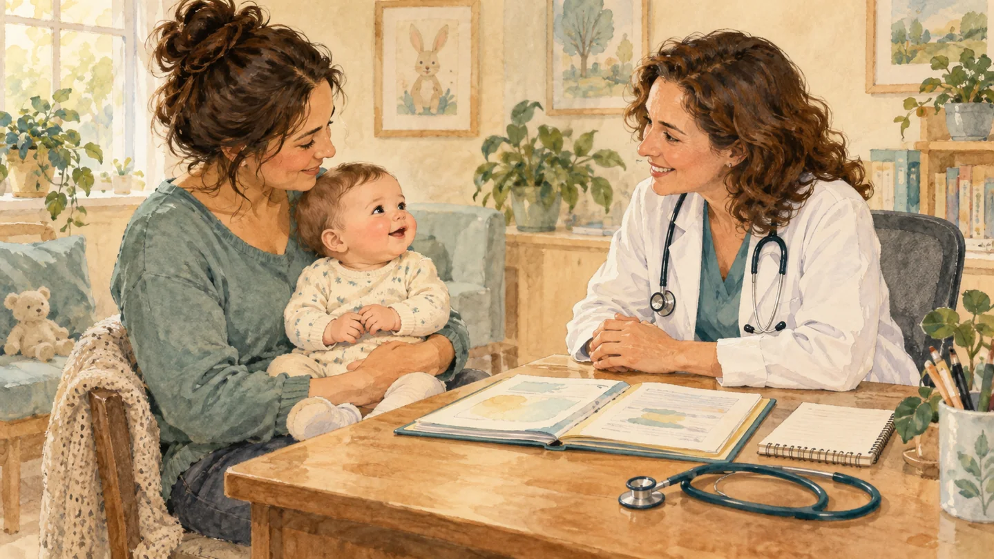 Watercolor illustration of a parent holding a baby during a friendly pediatric consultation