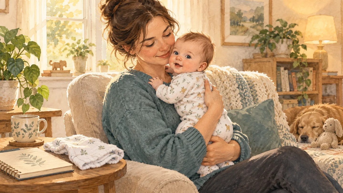 Watercolor illustration of a parent securely holding an awake baby upright in a warm living room