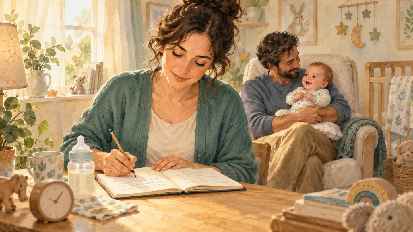 A parent making dated notes while another caregiver holds their baby