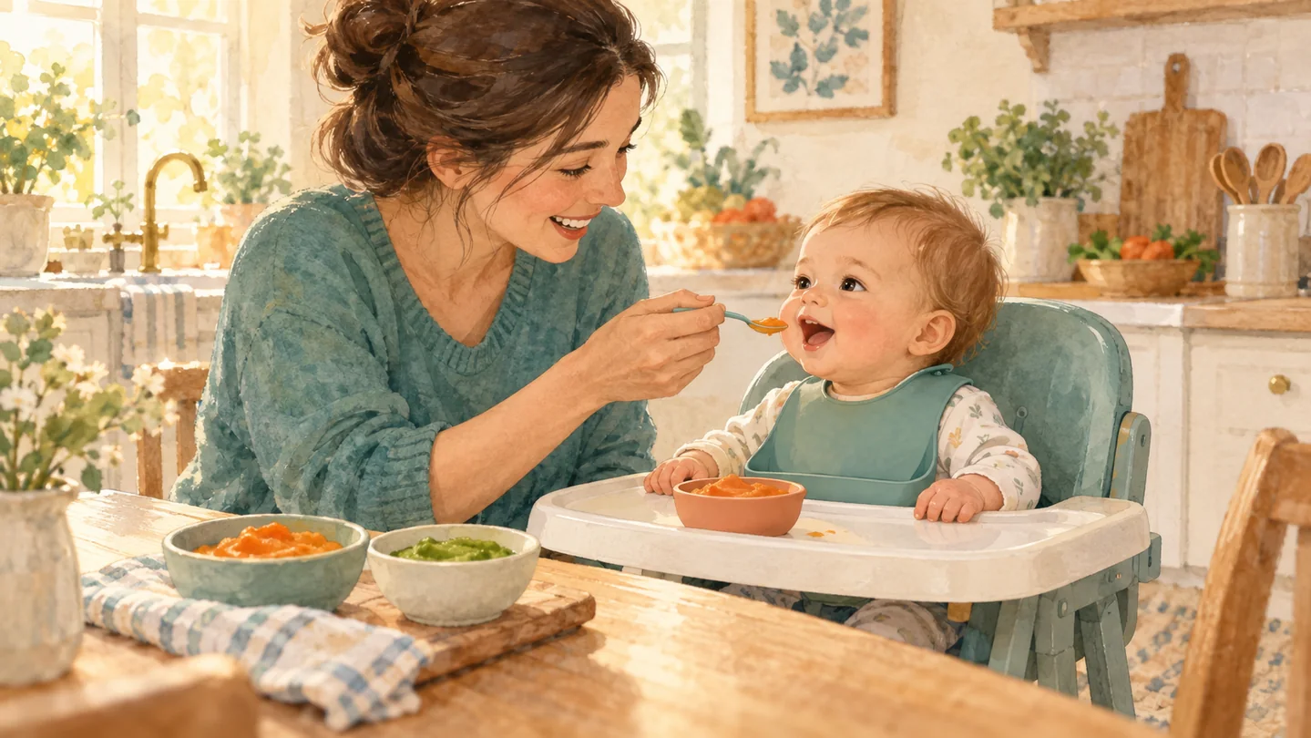 Watercolor illustration of a parent supervising an upright baby in a high chair with a spoon and vegetable purees
